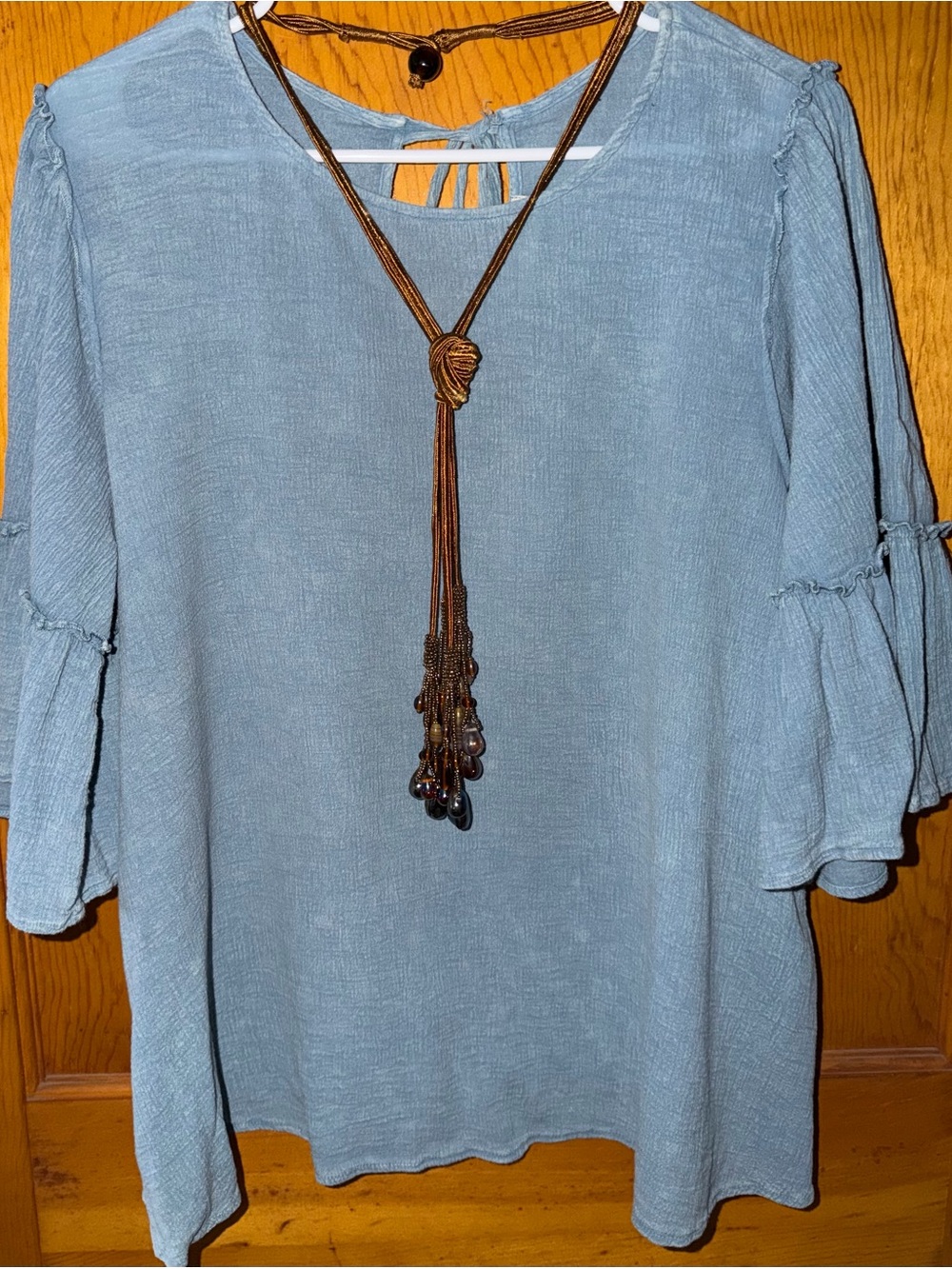 Altar'd State Dusty Blue Ruffle Sleeve Tunic